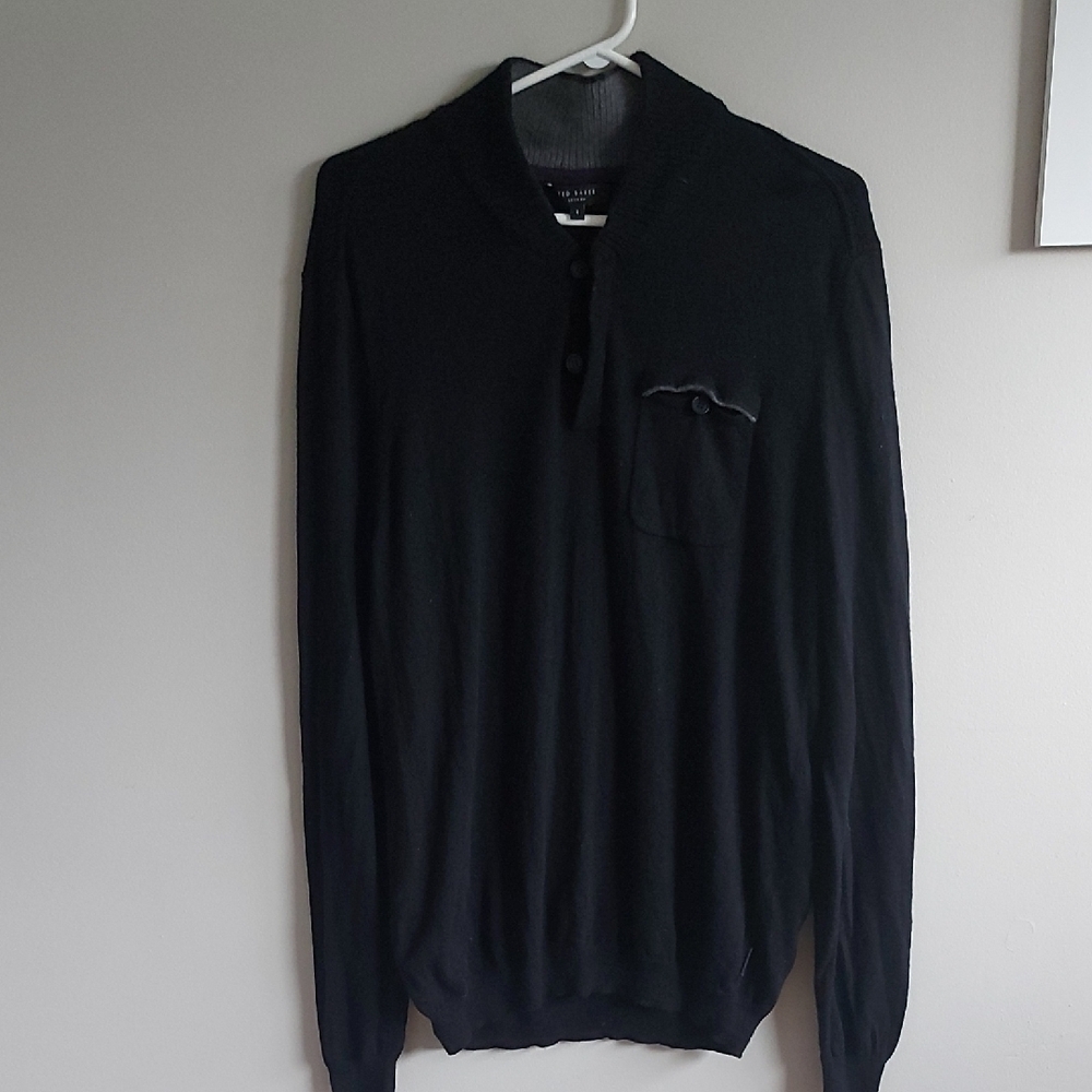 Ted Baker Wool N Cashmere Blend Black Men's Sweater with Button Detail